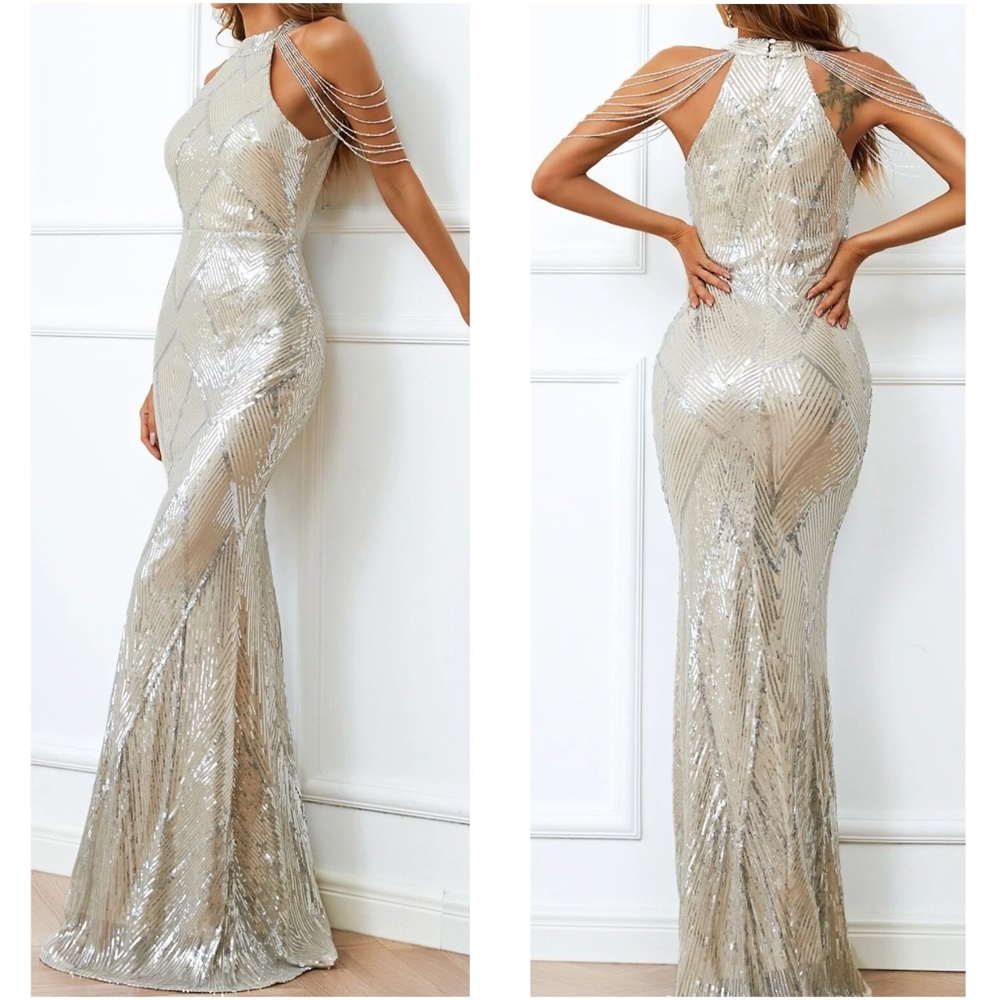 Luxe Sequin Halter Evening Party Wedding Bodycon Gown Dress - Picture 5 of 10